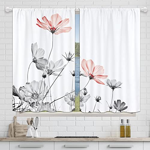 Red Grey Sheer Floral Kitchen Curtains, Flower Window Curtains For Kitchen, Rustic Retro Small Kitchen Curtain Farmhouse Country Botanical Short Cafe Curtains Window Drapes 27.5X39 Inch 2 Panels #TOP5