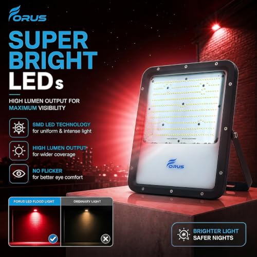 Image of Forus 250W LED Flood Light IP67 Waterproof, Red Outdoor Decorative Floodlight for Garden Decor, Landscape, Parking, Warehouse, High Mast Security Light with 4 Year Warranty