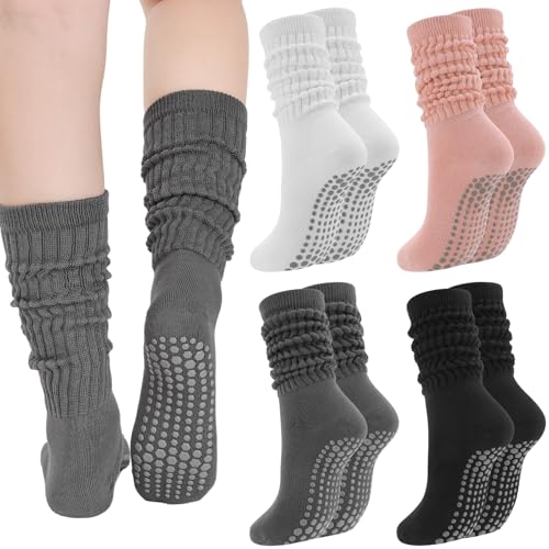 Image of Jspupifip 4 Pairs Women Slouch Pilates Socks with Grips, Non-Slip | 90.5% Cotton, Silicone Grip, Breathable, Yoga Scrunch Socks, Fits US 5-8, Barre, Hospital, Workout