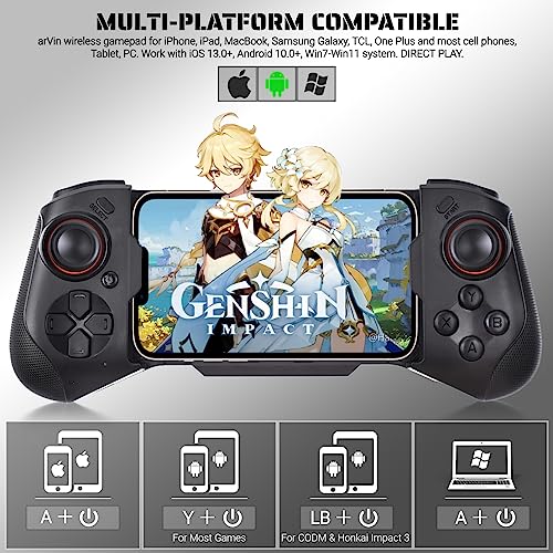 Arvin Gaming Controller For Iphone Android Bluetooth Gamepad Joystick For Iphone 14/13/12/11, Samsung Galaxy S22/S21/S20, Tcl, Call Of Duty Mobile, Wireless Connection -Direct Play #TOP1