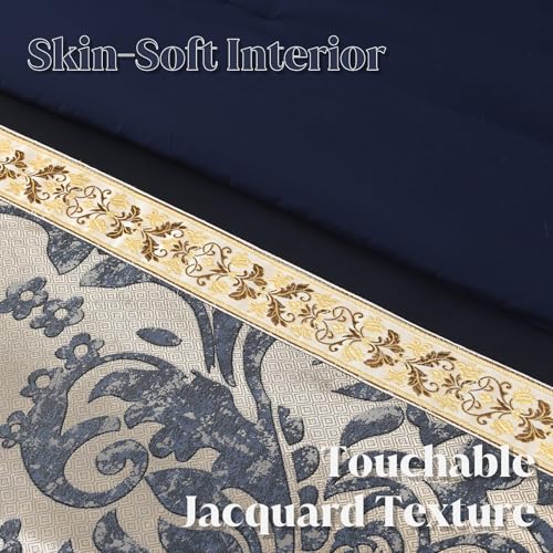 Image of CozyDH Luxury Comforter Set King Size, Navy Blue Gold - 7 Piece Bed in a Bag Jacquard Vintage Floral Damask, All Season Down Alternative Bedding with Bed Skirt, Shams, Decorative Pillows, 104x90 in