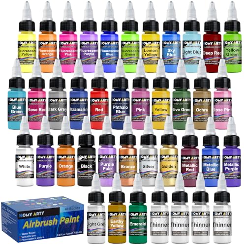 HOMY ARTY Airbrush Farbe, 36 Farben mit 4 Verdünner Airbrush Lack Set, Wasserbasierte Luftbürste Farben, bereit zum Sprühen, 20ml/Flasche