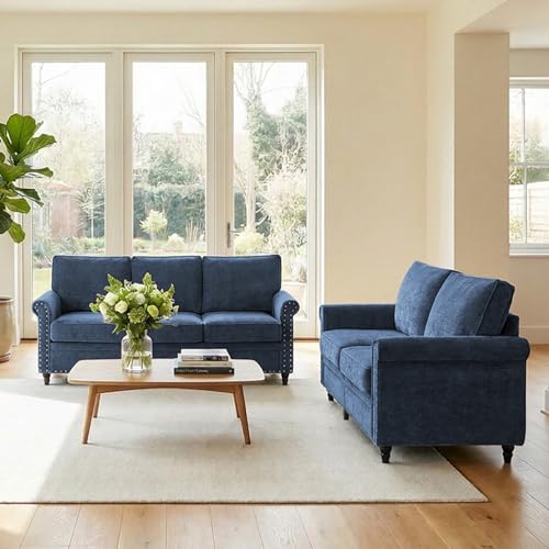 Image of ijuicy 2 PCS Sofa and Loveseat Set, Chenille Living Room Couches, Navy Blue | Modern Upholstered Sofa and Loveseat Living Room Furniture Sets with 6 inch Thicken Cushio, Nailhead Trim