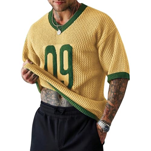 Danny D Mens Shirts Numeric Graphic V-Neck Short Sleeve Mens & Women T-Shirts Jerseys Top Lightweight Knitted Sweater for Many Colors (US Alpha Large Regular Regular Yellow)