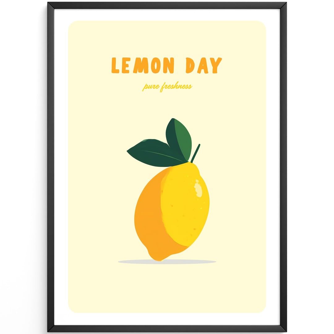 MJ-GRAPHICS® Poster Zitrone Kunstdruck minimalistisch Wandbild Gelb Wanddeko Küche Wohnzimmer bilderfrisch lebendig spritzig Akzente Deko frech fröhlich Ambiente 50x70 mit beigem Rahmen