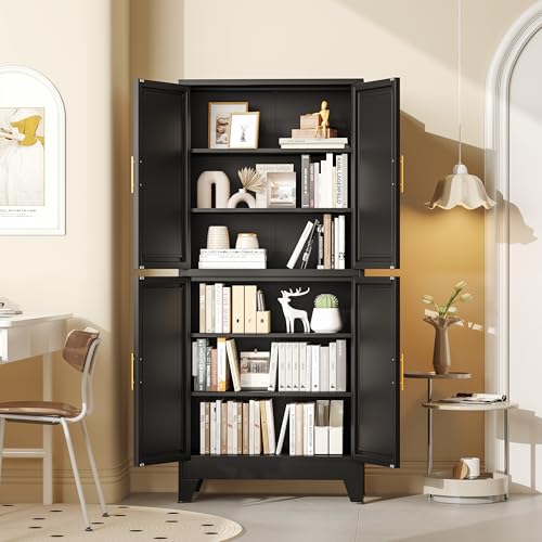 Image of GAIOUS 75.2 inch Tall Metal Pantry Cabinet, Storage Cabinets with 4 Door and 4 Adjustable Shelves, Black Kitchen Pantry Storage Cabinet, Freestanding Cupboard for Kitchen Dining Room Living Room Bathroom