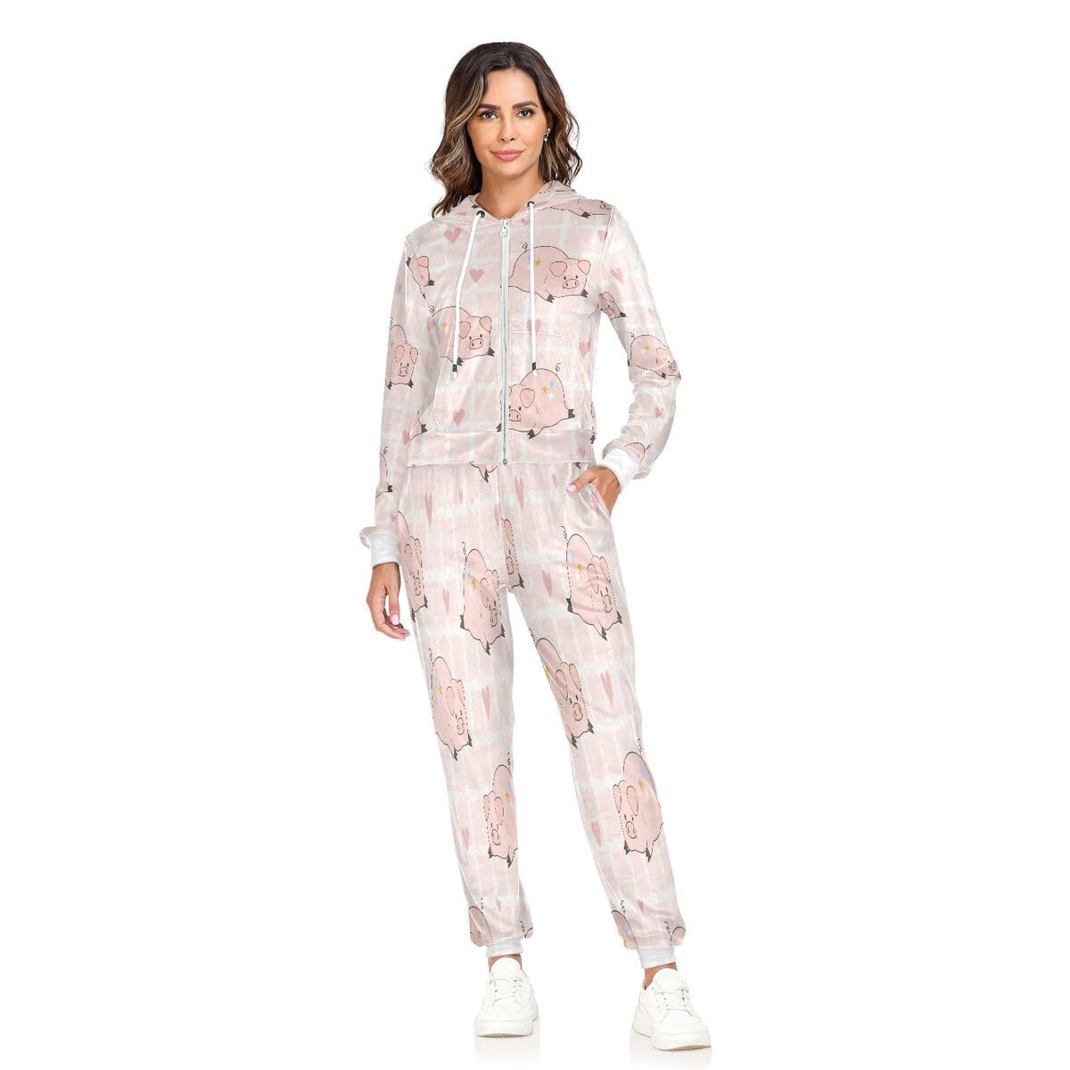 Conjunto deportivo de 2 piezas para mujer, diseño de corazones de cerdo rosa, manga larga, conjunto deportivo de animales de cerdo