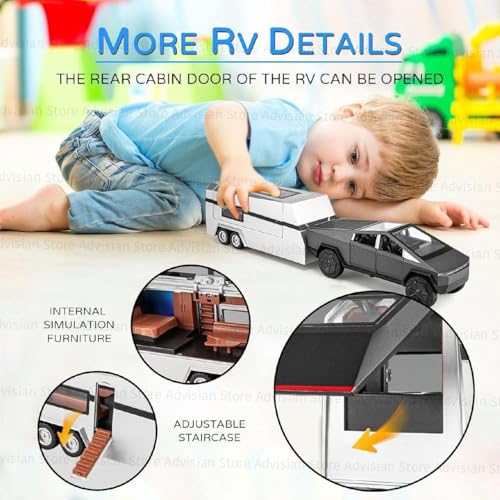 Image of 1:32 Scale Die-Cast Tesla CyberTruck with Pick-Up Trailer with 6 Openable Doors Pull Back Toy Car with Lights & MusicToy Car Gift for Kids (1:32 Cybertruck - Random Color)
