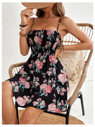Image of Floerns Women's Boho Floral Print Sleeveless Sundress Ruched Bust Flare Hem Vacation Cami Short Dress
