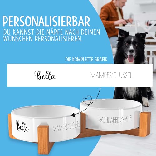 OWLBOOK Schlabbernapf Mampfschüssel Futternapf personalisiert Hundenapf mit Namen oder Wunschtext Doppelnapf aus Keramik mit Bambus Gestell Futternapf Napf Wassernapf Keramik, Bambus 300 ml