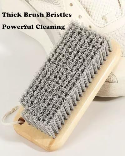 Image of Scrub Cleaning Brush for Stains -Wood Handle Scrubbing Brushes,Cleaning Scrubber Brush for Fabric,Carpet,Clothes,Bathroom,Long Handle Cleaner Brush for Sneakers, Tennis, Canvas & More-2Pack