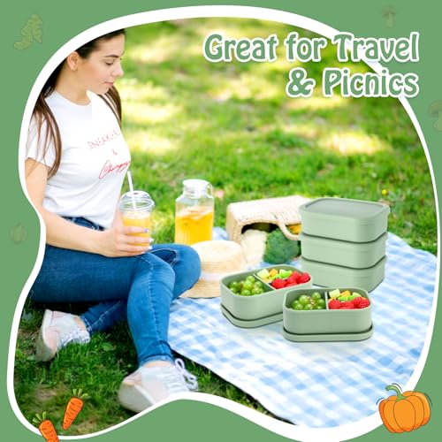 Image of Honeydak 4 Pcs Silicone Bento Box, 3 Compartment Lunch Food Container for Women Men, Leak Proof Microwave Easy to Clean Dishwasher Freezer Safe (Olive Green)