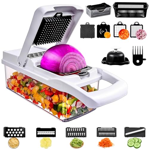 Cortador Verduras Cocina Multifuncional 15 en 1, Picadora Calabacin con 7 Cuchillas Acero Inoxidable Intercambiables/Separador Huevos y Escurridor, Rallador Patatas Manual para Cebolla, Tomate, Pepino