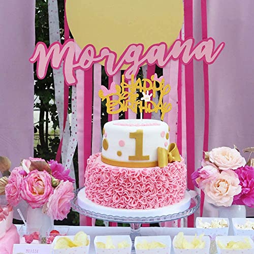 Pink And Gold Glitter Minnie Inspired Happy Birthday Cake Topper With Pink Bows And White Gloves Girls Birthday Party Decorations Supplies #TOP6