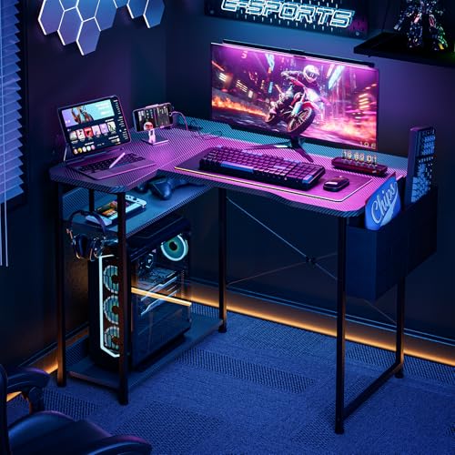 Image of Acrolix L Shaped Gaming Desk 40 Inch - Computer Corner Desk with Power Outlets, Reversible Shelves & Storage Bag for Home Office, PC Gaming Table, Black Carbon
