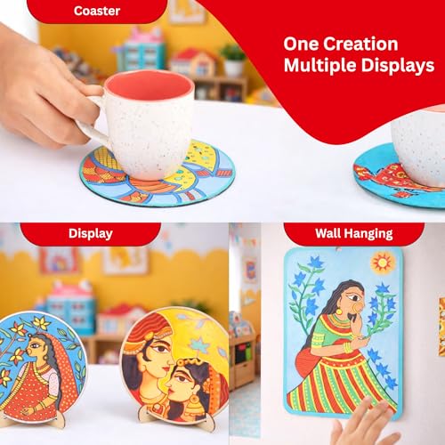 Image of Kores Madhubani Art Kit for Kids (8-18 Years) | Traditional Indian Folk Art DIY Kit | Paint 4 Coasters & 2 Wall Hangers | 40+ Elements | Creative Craft Set
