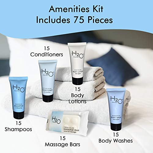 Hotel Size Toiletries Set | H2O Therapy All-In-Kit Amenities For Hotels, Airbnb & Rentals | .85 oz Hotel Shampoo & Conditioner, Body Wash, Body Lotion & 1 oz Bar Soap | 75 Piece Travel Kit - Thumbnail 6
