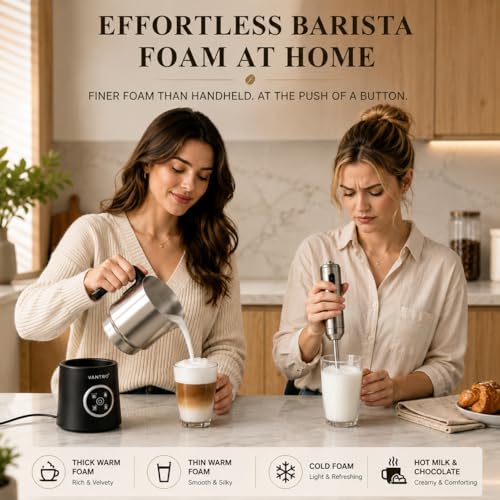 Image of VANTRO 900ml Electric Milk Frother & Milk Warmer, 4-in-1 Automatic Hot & Cold Foam Maker with Detachable Stainless Steel Jug, Coffee Frother for Latte, Cappuccino, Macchiato & Hot Chocolate