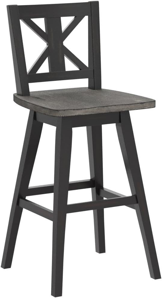 Lexicon Swivel Bar Height Stools Set of 2, Modern Solid Wood Kitchen Bar Height Stools, High Back, Grey Swivel Seat, Footrest for Kitchen Island, Easy Assembly, X-Back, 28.5" SH, Antique Black