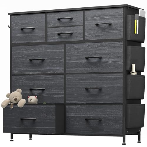 Image of YaFiti Dresser for Bedroom with 10 Drawers, Chest of Drawers with Side Pockets, Hooks, Wooden Top and Sturdy Metal Frame, Fabric Dresser Drawers for Living Room, Hallway (Black Wood Veins)