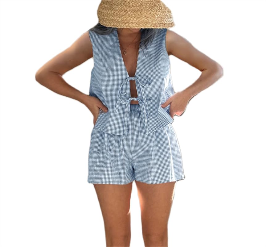 Image of Thopavenoir Women Y2k Summer Set 2 Piece Loungewear Sleeveless Tie Front Tank Top Vest Baggy Shorts Pj Vacation Set, Light Blue, Large