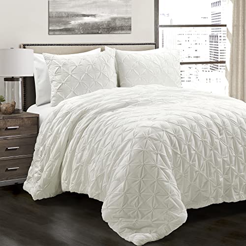 Lush Decor Ravello Pintuck 100% Cotton Vintage Chic Farmhouse Style 3 Piece Comforter Set With Pillow Shams, King, White #TOP27