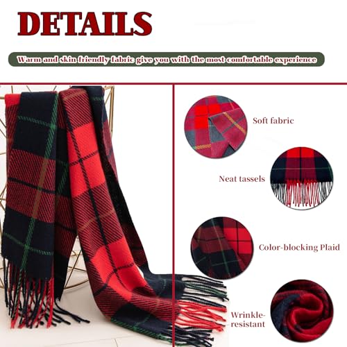 Winter Scarf for Women Red Green Plaid Scarf w/fringe Tartan Cashmere Feel Pashmina Shawl Soft Warm Chunky Scarves2