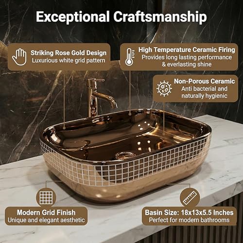 Image of BASSINO 18x13x5.5 Inches Table Top Washbasin /1 Year Warranty /Ceramic Wash Basin for Bathroom /Rectangular Shape Counter Top Wash Basin for Dining Hall /Living Room /Countertop Sink(Glossy Rosegold)