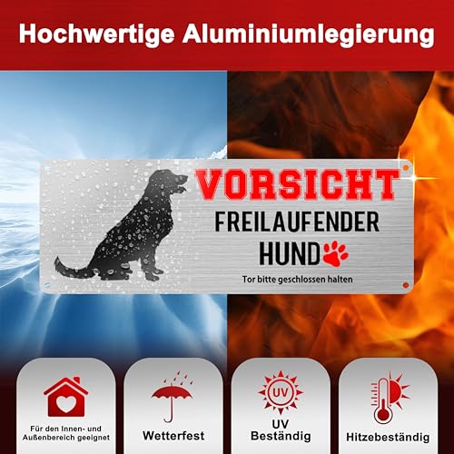 Yezirzax Vorsicht Freilaufender Hund, 2 Stück 25x10cm Achtung Hund Schild, Vorsicht Bissiger Hund Schild Warnschild Hund Aluminium mit Selbstklebend und Vorgebohrten Löchern