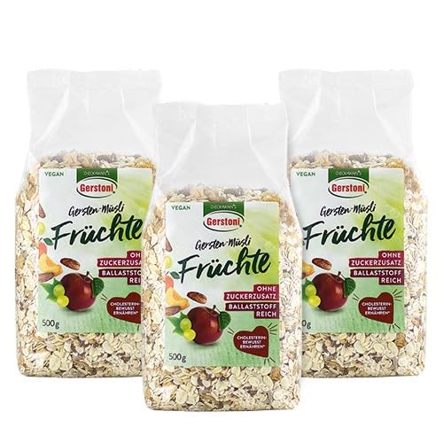 Gerstoni Gersten-Müsli Früchte 3x500g - Ballaststoffreiches Früchtemüsli ohne Zuckerzusatz - Premium-Gerstenflocken regional angebaut - mit pflanzl. Beta-Glucan für Genuss & Wohlbefinden