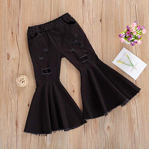 Toddler Kids Baby Girl Bell Bottom Denim Jeans Flare Pants Ripped Leggings Trousers Tie Dye Print Clothes Outfits (Black& Ripped,4-5T)