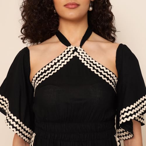 Image of DEEBACO Women's Solid Rayon Slit Ankle Length A-Line Dress|Sleeveless|Halter Neck|Casual Trending Fashion Long One Piece Dresses Women Western