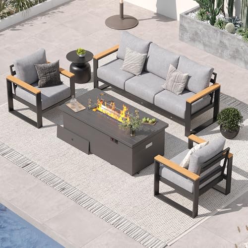 Image of Sundale Outdoor Aluminum Patio Furniture Set, 4 Piece Outdoor Conversation Sets with Fire Pit and 6 inch Thick Olefin Cushions, All Weather Outdoor Sectional Set for Deck, Lawn, Yard (Grey)