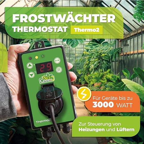 BioGreen Digitales Gewächshaus-Thermostat Thermo2 Digital | für Sommer- und Winterbetrieb | Einstellbereich -50 ° bis 99 °C | bis 3000 Watt schaltbar