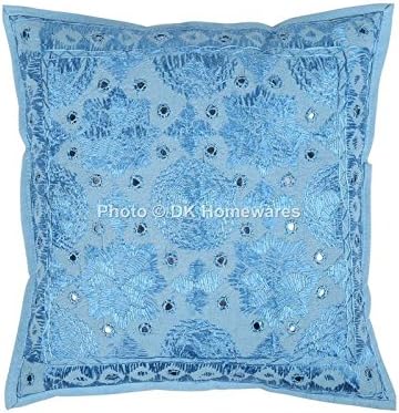 Bohemian Decorative Sofa Throw Pillowcases 16 x 16 Inch Cotton Mirrored Embroidered Indian Square Couch Cushion Covers (Size - 40x40 cm ; Color: Light Blue) - Set of 4 Pcs (Cover Only)