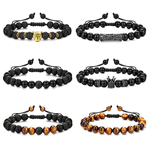 Jstyle 6Pcs Adjustable Lava Rock Stone Beads Bracelets for Men Women 8mm Black Matte Onyx Tiger Eye Natural Stone Black Essential Oil Diffuser Anxiety Bracelets Sets