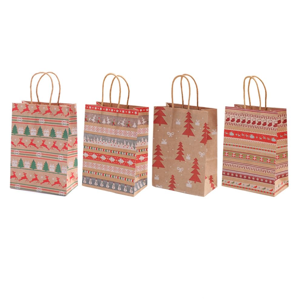 Nixnut Natural 12Pcs Christmas Paper Bags Kraft Reusable Present Treat Gift Bag With Handles For Cookie Candy Baking Xmas Party
