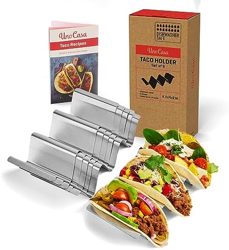Uno Casa Metal Taco Holder Set of 6 - U-Shaped Taco Holders for Griddle - Stainless Steel, Dishwasher Safe, Suitable for Oven - Perfect for Party & Fun Gatherings - Recipe Book Included