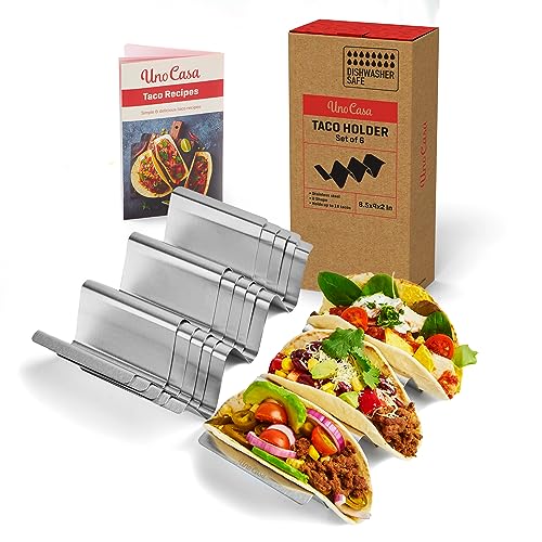 Uno Casa Metal Taco Holder Set of 6 - U-Shaped Taco Holders for Griddle - Stainless Steel, Dishwasher Safe, Suitable for Oven - Perfect for Party & Fun Gatherings - Recipe Book Included