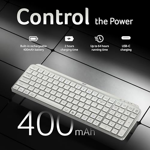 Image of Acer KeyPro X105 Wireless Keyboard I Dual Mode 2.4GHz USB + BT 5.0 I 105 Keys Full Size Keyboard I Rechargeable 400mAh Battery I USB-C Charging I 64H Use I Windows Mac Android Compatible I Silver