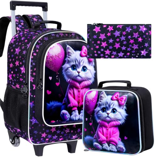 Image of CCJPX 3Pcs Cat Rolling Backpack for Girls, 18 inch Kids Wheeled Bookbag with Lunch Box, Lightweight Roller School Bag for Elementary Preschool (Black)