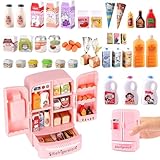 Accesorios Wichtel para casa de muñecas, mini verso, juguete para nevera con 40 mini alimentos, juego de cocina infantil, nevera realista para niños con hielo, zumo y accesorios de cocina