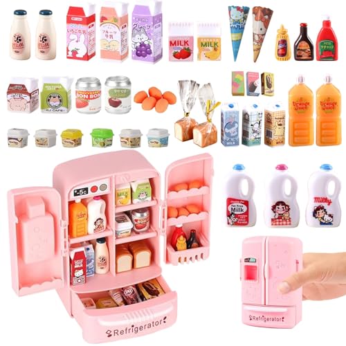Accessoires Lutins, Accessoires de Maison de Poupée, Mini Réfrigérateur en Vers Jouet avec Plus de 40 Mini-Aliments, Ensemble de Cuisine de Jeu pour...