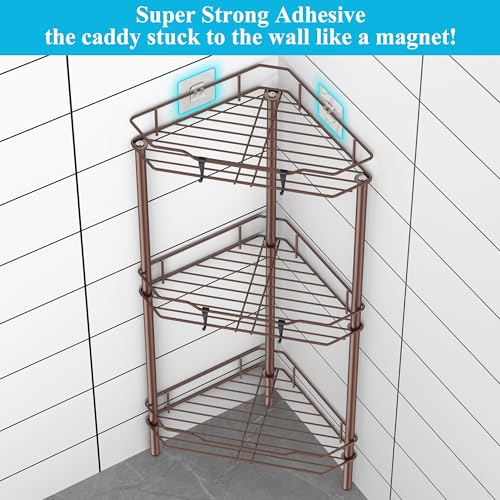 Image of HuggieGems 3 Tier Floor Standing Corner Shower Caddy Organizer Shelf with Hooks, Bathroom Shelves Stand Rack, Coffee