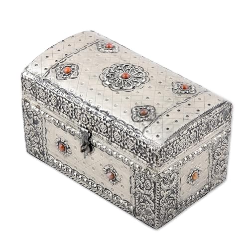 NOVICA Nickel Repousse Jewelry Box with Inlaid Stones, 'Royal Collection'