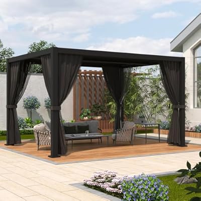LVUYOYO Outdoor Louvered Pergola 10' x 13', Aluminum Pergola with Adjustable Roof, Waterproof Metal Gazebo with Curtains and Netting for Patio, Backyard, Garden, Deck (Black)