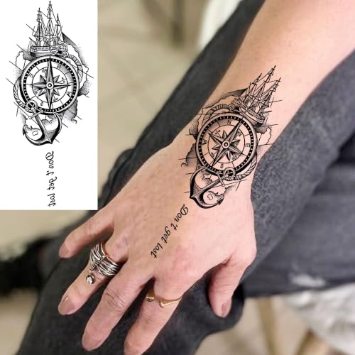 Image of Bilizar 12 Sheets Creative Compass Anchor Temporary Tattoos For Men Women Adults Forearm Tattoo Sticker, Realistic Viking Totem Fake Tattoos Half Arm Sleeve Arrow Chains Tatoos Waterproof Long Lasting