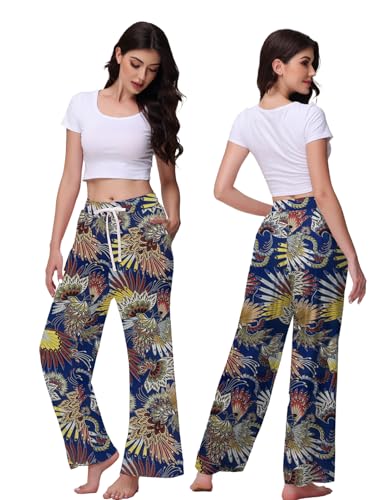 Image of Veseacky Women's Wide Leg Lounge Pants Yoga Pajamas Comfy Stretch Drawstring Pajamas Puls Size Dance Bottoms S-4XL