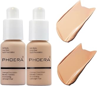 2 Pack PHOERA Foundation 102# Nude and 104# Buff Beige,Full Coverage Flawless Soft Matte 24 HR Oil Control Waterproof Concealer Liquid Foundation Makeup. ﻿