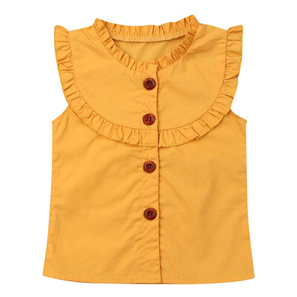 Baby Girls Summer Sleeveless Ruffle Buttons Tank Top Blouse Solid Color (3-4T, Yellow)
